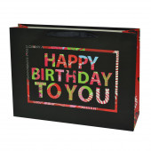 Пакет подарочный, С Днем Рождения (разноцветные буквы), Черный/Красный, 26*31*12 см, 1 шт.