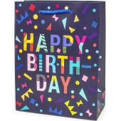 Пакет подарочный, С Днем Рождения! (яркие буквы), Темно-синий, с блестками, 32*26*10 см, 1 шт.