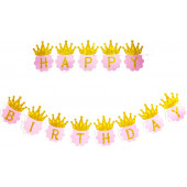 Гирлянда Happy Birthday, Золотые короны, Розовый, 200 см, 1 шт.