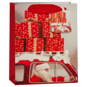 Пакет подарочный, Дед Мороз в автомобиле с подарками, Красный, с блестками, 23*18*10 см, 1 шт.