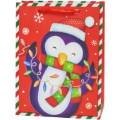Пакет подарочный, Новогодний пингвин, Красный, с блестками, 43*30*12 см, 1 шт.