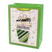 Пакет подарочный, С Днем Рождения! (яркий подарок), Зеленый, с блестками, 32*26*12 см, 1 шт.