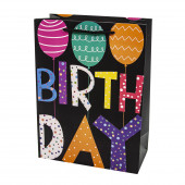 Пакет подарочный, С Днем Рождения! (модные буквы), Черный, с блестками, 40*31*12 см, 1 шт.