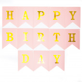 Гирлянда Флажки, Happy Birthday (золотые буквы), Розовый, Металлик, 160 см, 1 шт.