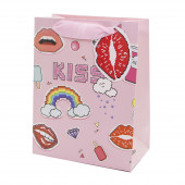 Пакет подарочный, Пиксели, Поцелуи, Розовый, с блестками, 32*26*12 см, 1 шт.