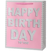Пакет подарочный, С Днем Рождения! (тонкие полоски), Розовый, с блестками, 32*26*10 см, 1 шт.