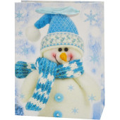 Пакет подарочный, Снеговичок в колпачке, Голубой, с блестками, 43*30*12 см, 1 шт.