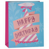 Пакет подарочный, С Днем Рождения! (розовый глиттер), Голубой, с блестками, 23*18*10 см, 1 шт.