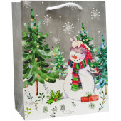 Пакет подарочный, Снеговичок в новогоднем лесу, с блестками, 32*26*12 см, 1 шт.