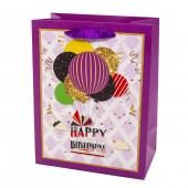 Пакет подарочный, С Днем Рождения! (воздушные шарики), Фиолетовый, с блестками, 32*26*12 см, 1 шт.