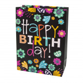 Пакет подарочный, С Днем Рождения! (разноцветные цветы), Черный, с блестками, 40*31*12 см, 1 шт.