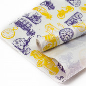 Упаковочная бумага, Крафт (0,7*10 м) Вояж (ретро-транспорт), Фиолетовый/Желтый, 1 шт.