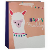 Пакет подарочный, С Днем Рождения (лама альпака), Розовый, с блестками, 32*26*12 см, 1 шт.