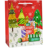 Пакет подарочный, Стильные елочки и подарки, Красный, с блестками, 23*18*10 см, 1 шт.