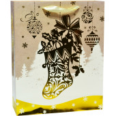 Пакет подарочный, Новогодний носок с игрушками, Золото, Металлик, 24*18*9 см, 1 шт.
