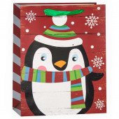 Пакет подарочный, Милый пингвин и снежинки, Красный, с блестками, 32*26*12 см, 1 шт.
