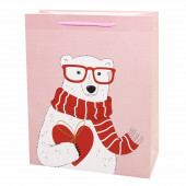 Пакет подарочный, Мишка с сердцем, в красном шарфе, Розовый, 32*26*12 см, 1 шт.