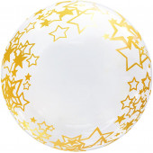 Шар (18''/46 см) Сфера 3D, Deco Bubble, Золотые звезды, Прозрачный, Кристалл, 1 шт. в упак. 
