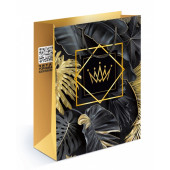 Пакет подарочный, Золотая корона и тропические листья, Черный/Золото, 32*26*8 см, 1 шт.