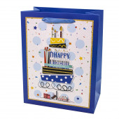 Пакет подарочный, С Днем Рождения! (стильный торт), Синий, с блестками, 32*26*12 см, 1 шт.
