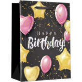 Пакет подарочный, С Днем Рождения! (розовый микс), Черный, с блестками, 32*26*12 см, 1 шт.