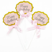 Топпер в торт, Happy Birthday (золотой глиттер), Розовый, 3 шт.