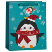 Пакет подарочный, Пингвин и снежинки, Бирюзовый, с блестками, 23*18*10 см, 1 шт.