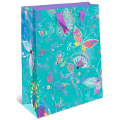 Пакет подарочный, Цветочные бабочки, Бирюзовый, Металлик, 35*25*12 см, 1 шт.
