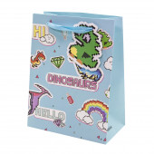 Пакет подарочный, Пиксели, Яркие динозаврики, Голубой, с блестками, 32*26*12 см, 1 шт.