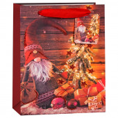 Пакет подарочный, Новогодний гном и елочка, Красный, с блестками, 23*18*10 см, 1 шт.