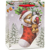 Пакет подарочный, Новогодний носок с медвежатами, Серебро, с блестками, 23*18*10 см, 1 шт.