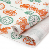 Упаковочная бумага, Крафт (0,7*10 м) Вояж (ретро-транспорт), Оранжевый/Зеленый, 1 шт.