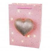 Пакет подарочный, Сверкающее сердце, Розовый, 24*18*9 см, 1 шт.