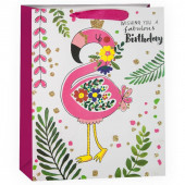 Пакет подарочный, С Днем Рождения (цветочный фламинго), с блестками, 32*26*12 см, 1 шт.