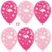 Шар (12''/30 см) Фламинго и листья, Фуше (012)/Розовый (009), пастель, 5 ст, 50 шт.