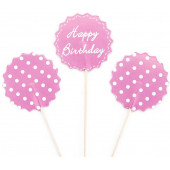 Пики-топперы для канапе, С Днем Рождения! (белые точки), Розовый, 4*12 см, 12 шт.