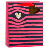 Пакет подарочный, Золотое сердце и полоски, Черный/Красный, с блестками, 42*32*12 см, 1 шт.