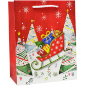 Пакет подарочный, Новогодние санки с подарками и мишкой, Красный, с блестками, 44*31*12 см, 1 шт.