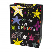 Пакет подарочный, С Днем Рождения! (разноцветные звезды), Черный, с блестками, 24*18*9 см, 1 шт.