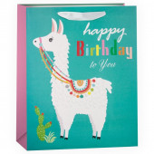Пакет подарочный, С Днем Рождения (милая лама), Бирюзовый, с блестками, 32*26*12 см, 1 шт.