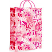 Пакет подарочный, I Love (сердечки граффити), Розовый, с блестками, 23*18*10 см, 1 шт.
