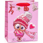 Пакет подарочный, Новогодняя птичка в шапочке, Розовый, с блестками, 23*18*10 см, 1 шт.