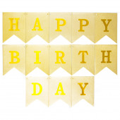 Гирлянда Флажки, Happy Birthday (золотые буквы), Золото, Металлик, с блестками, 160 см, 1 шт.