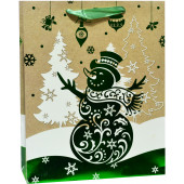 Пакет подарочный, Новогодний снеговичок, Зеленый, Металлик, 24*18*9 см, 1 шт.