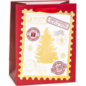 Пакет подарочный, Почтовая марка с елочкой, Красный, Металлик, 42*31*12 см, 1 шт.