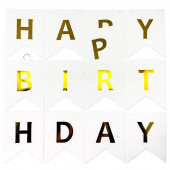 Гирлянда Флажки, Happy Birthday (золотые буквы), Белый, Металлик, 160 см, 1 шт.