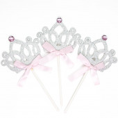 Топпер, Корона для принцессы, Серебро/Розовый, с блестками, 3 шт.