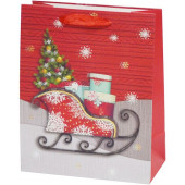 Пакет подарочный, Новогодние санки с подарками, Красный, с блестками, 44*31*12 см, 1 шт.