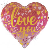 Шар (30''/76 см) Сердце, Люблю тебя (множество сердец), Розовый, Голография, 1 шт. 