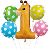 Набор шаров (34''/86 см) 1-ый День Рождения, Маленький Жираф, 5 шт. в упак. 